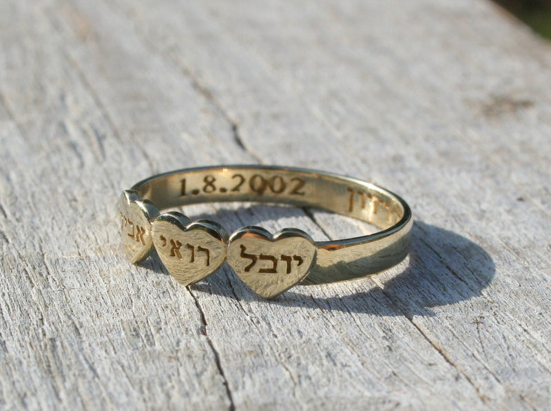 Hearts Solid Gold Ring Custom Engraving 14K Gold up to 5 Hearts with 3D Rendering by Angelina Michaels