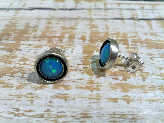 Blue Fire Opal 6mm Stud Earrings Sterling Silver 925