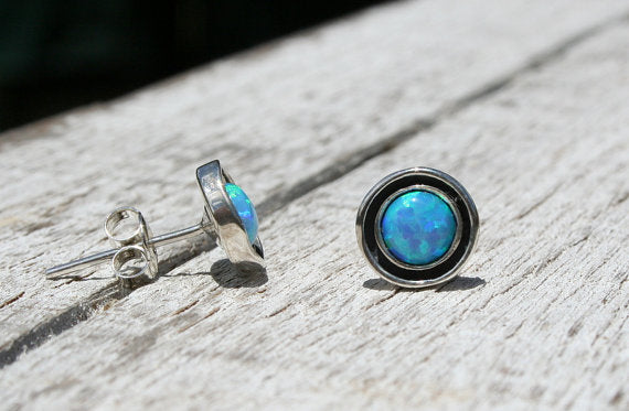 Blue Fire Opal 6mm Stud Earrings Sterling Silver 925