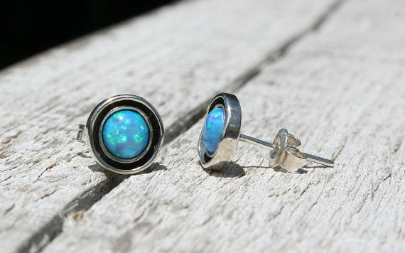 Blue Fire Opal 6mm Stud Earrings Sterling Silver 925 by Angelina Michaels