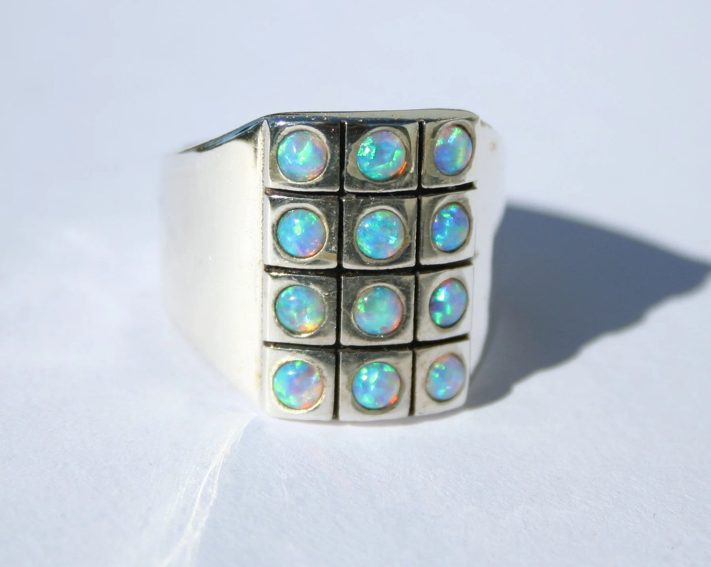 Twelve Opal Stone Sterling Silver 925 Ring: 19.5mm Front, 8mm Wide, 1.5mm Thick