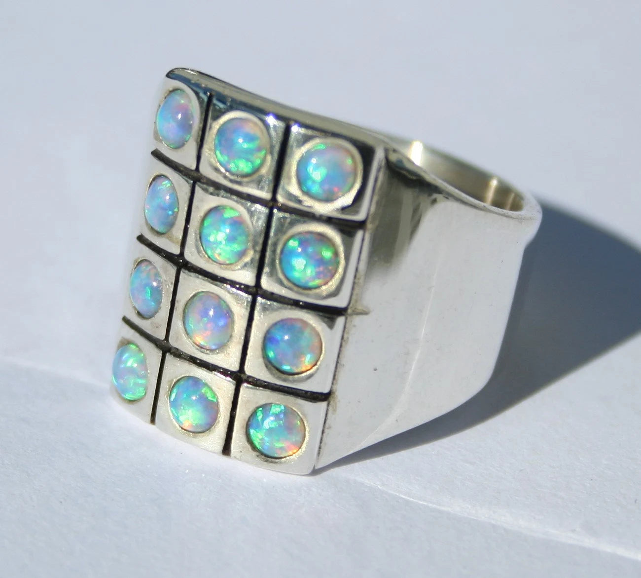 Twelve Opal Stone Sterling Silver 925 Ring: 19.5mm Front, 8mm Wide, 1.5mm Thick