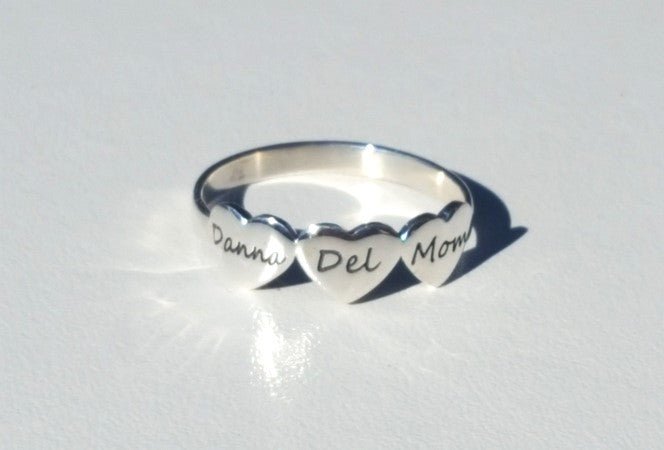 Personalized Sterling Silver up to 5 Hearts Ring with Custom Name Engraving - 3D Rendering Included 