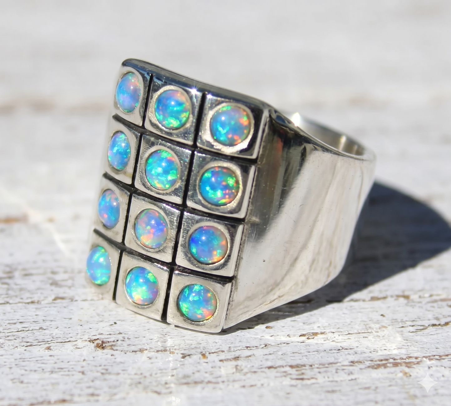 Twelve Opal Stone Sterling Silver 925 Ring: 19.5mm Front, 8mm Wide, 1.5mm Thick