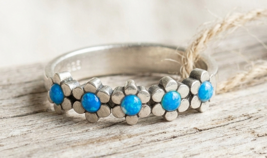 Dainty Five Blue Opal Stones 'Forget Me Not' Sterling Silver Ring - Handcrafted by Angelina Michaels
