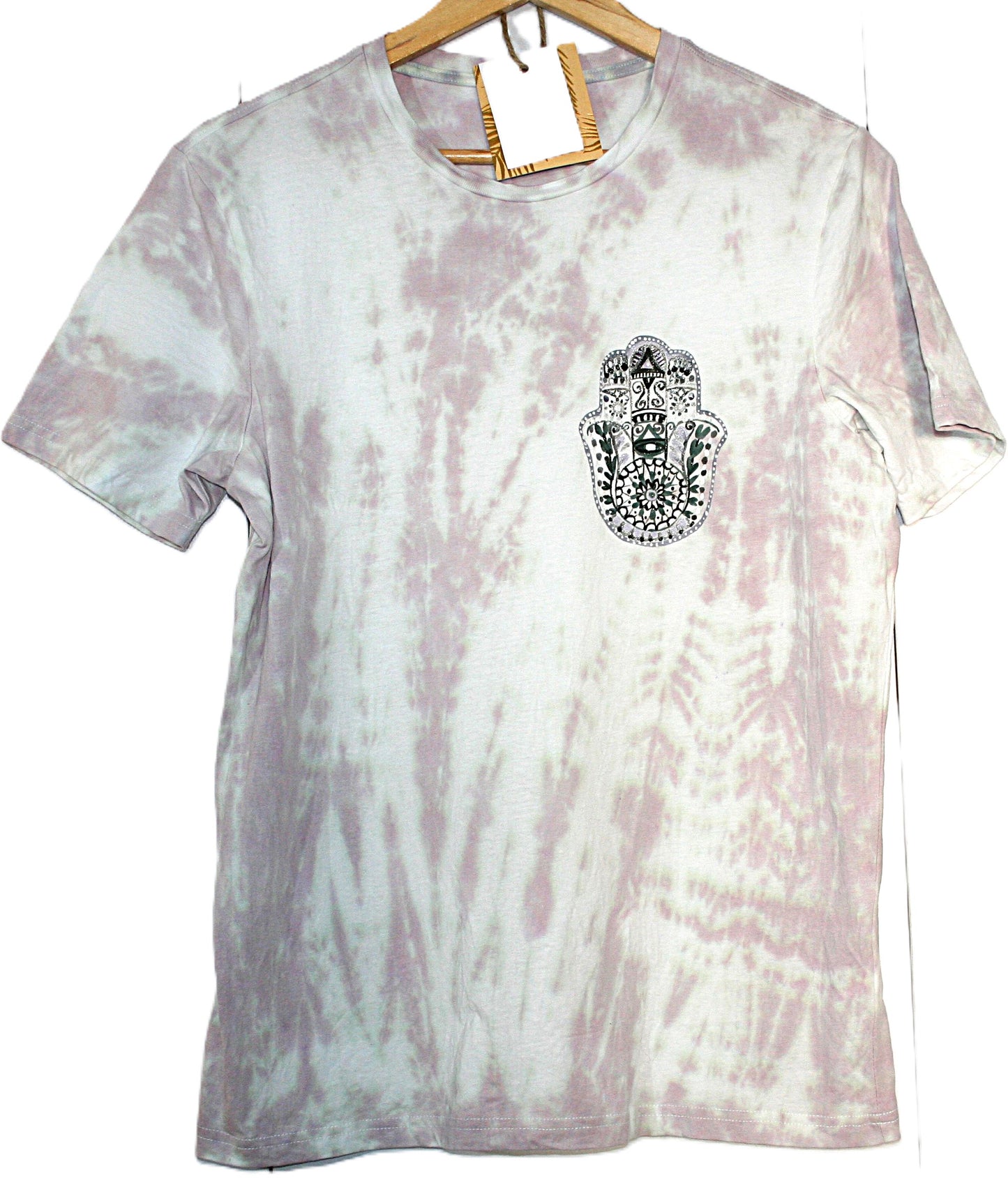 Handpainted Hamsa Good Fortune Light Dusty Pink Hand Dyed Cotton T Shirt