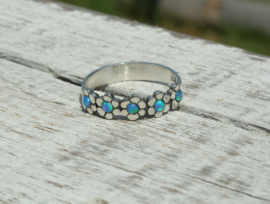Dainty Five Blue Opal Stones 'Forget Me Not' Sterling Silver Ring - Handcrafted Daisy Design