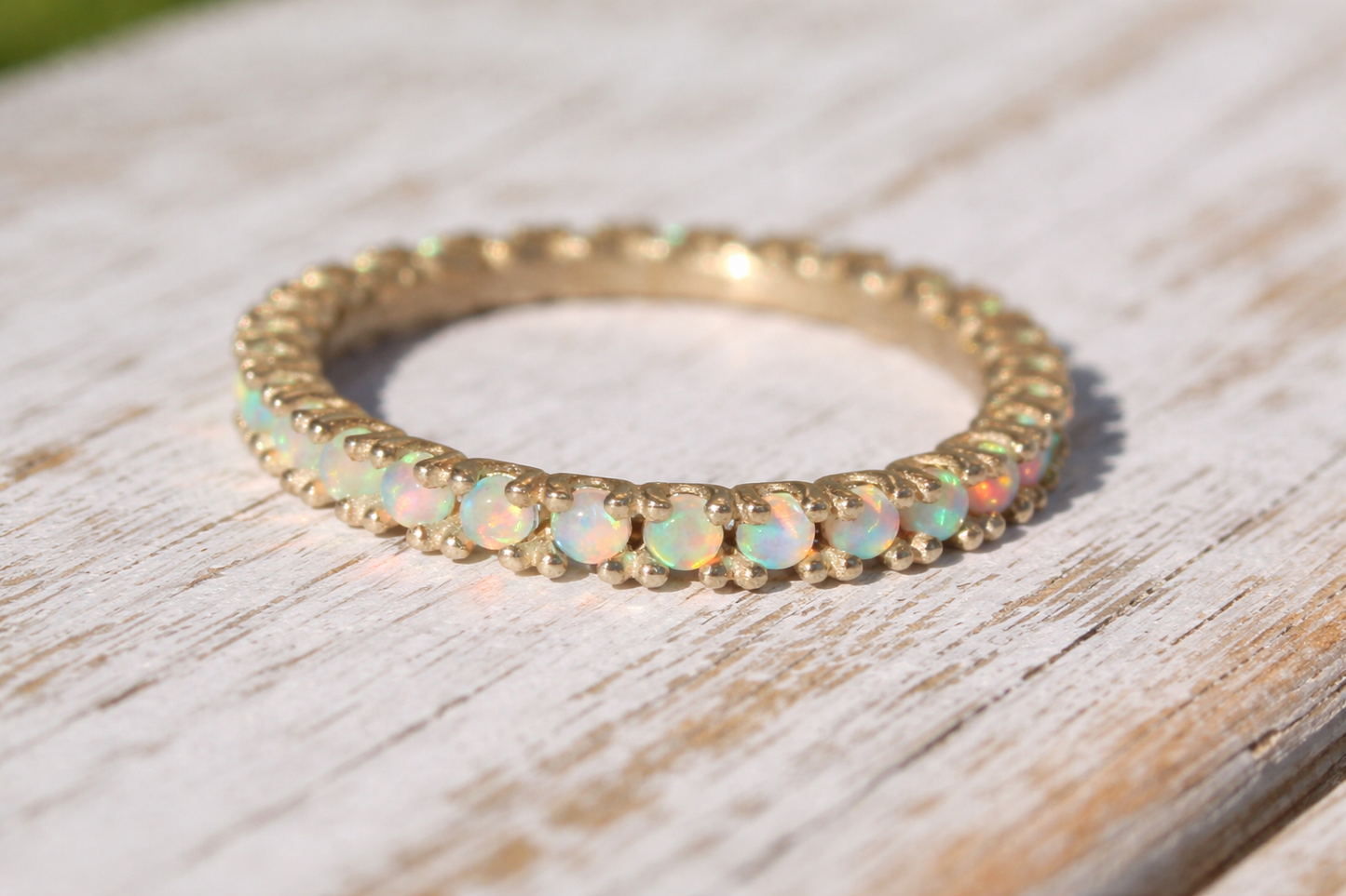 Dainty Eternity Ring with 2mm White Fire Opal Stones Handmade Sterling Silver 925 by Angelina Michaels