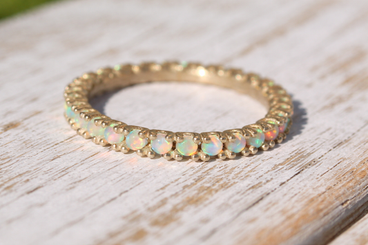 Dainty Eternity Ring with 2mm White Fire Opal Stones Handmade Sterling Silver 925 by Angelina Michaels