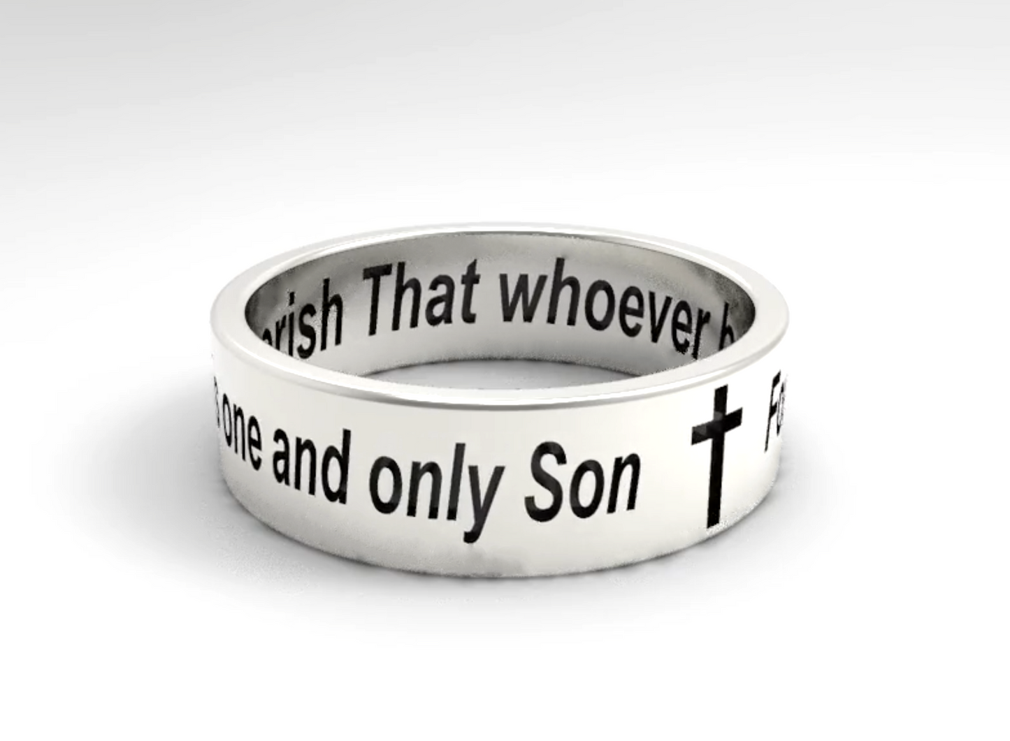 Religious Ring Band John 3:16 For God so loved the world that he gave his one and only Son Sterling Silver 925 ring 1.3mm wide 6mm thick