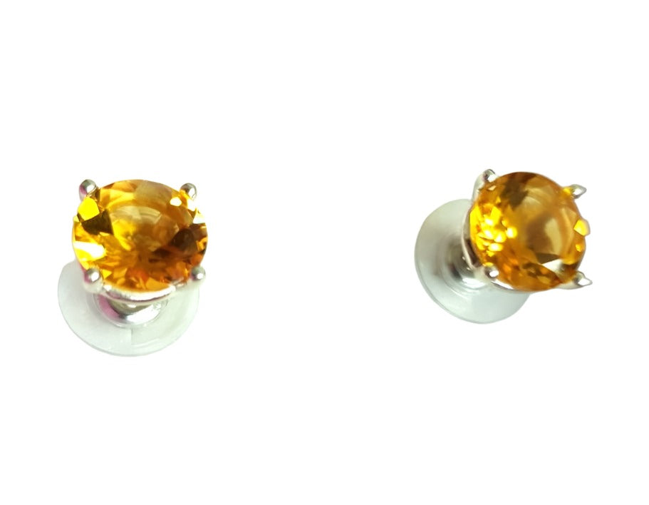 Natural Citrine Round Stone Sterling Silver 925 Stud Earrings