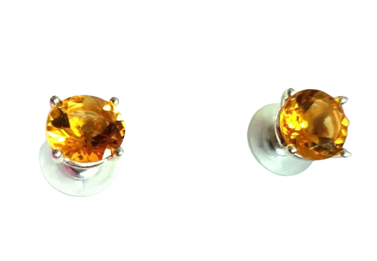 Natural Citrine Round Stone Sterling Silver 925 Stud Earrings