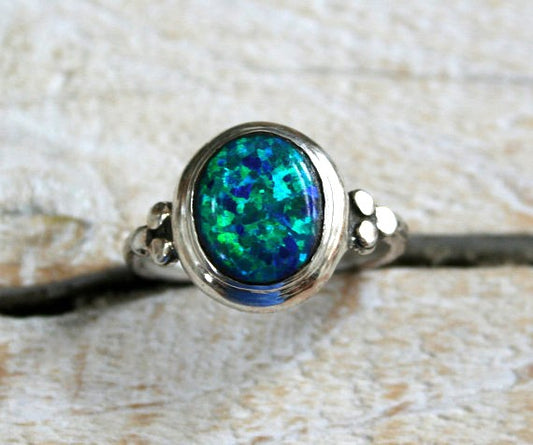 Blue Opal Stone 12mm X 10mm Sterling Silver 925 Ring - Bezel Set, Lightly Textured Band with three silver balls