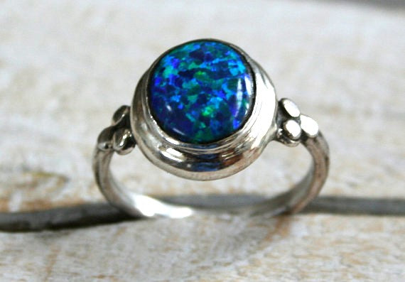 Blue Opal Stone 12mm X 10mm Sterling Silver 925 Ring - Bezel Set, Lightly Textured Band with three silver balls