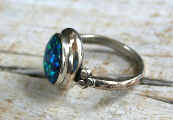 Blue Opal Stone 12mm X 10mm Sterling Silver 925 Ring - Bezel Set, Lightly Textured Band with three silver balls