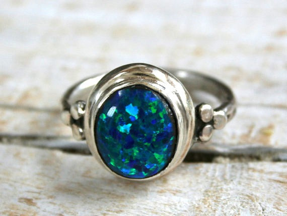 Blue Opal Stone 12mm X 10mm Sterling Silver 925 Ring - Bezel Set, Lightly Textured Band with three silver balls