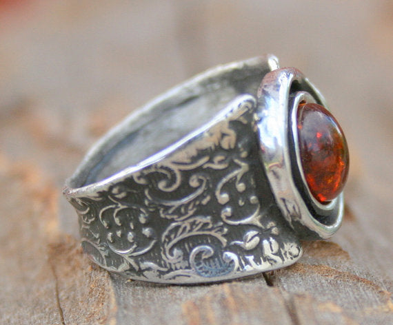 Chunky Amber Stone Polished Sterling Silver Oxidized Ring 