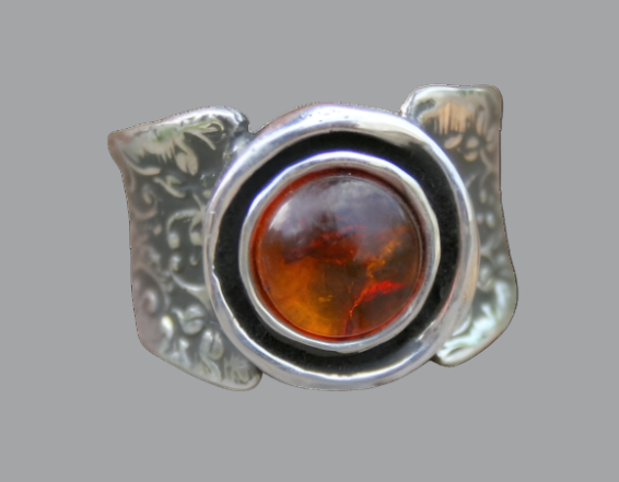 Chunky Amber Stone Polished Sterling Silver Oxidized Ring Media 