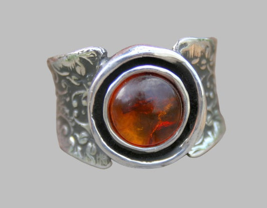 Chunky Amber Stone Polished Sterling Silver Oxidized Ring Media 