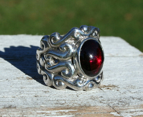  Chunky Garnet Ring Sterling Silver 925  - Classic Royal Design