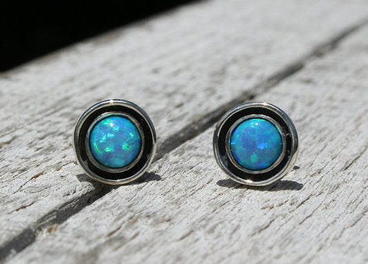 Blue Fire Opal 6mm Stud Earrings Sterling Silver 925