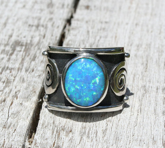 Blue Fire Opal Chunky Sterling Silver 925 Ring - Tuareg-Inspired African Style