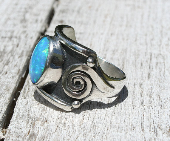 Blue Fire Opal Chunky Sterling Silver 925 Ring - Tuareg-Inspired African Style