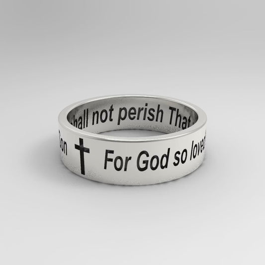 Religious Ring Band John 3:16 For God so loved the world that he gave his one and only Son Sterling Silver 925 ring 1.3mm wide 6mm thick